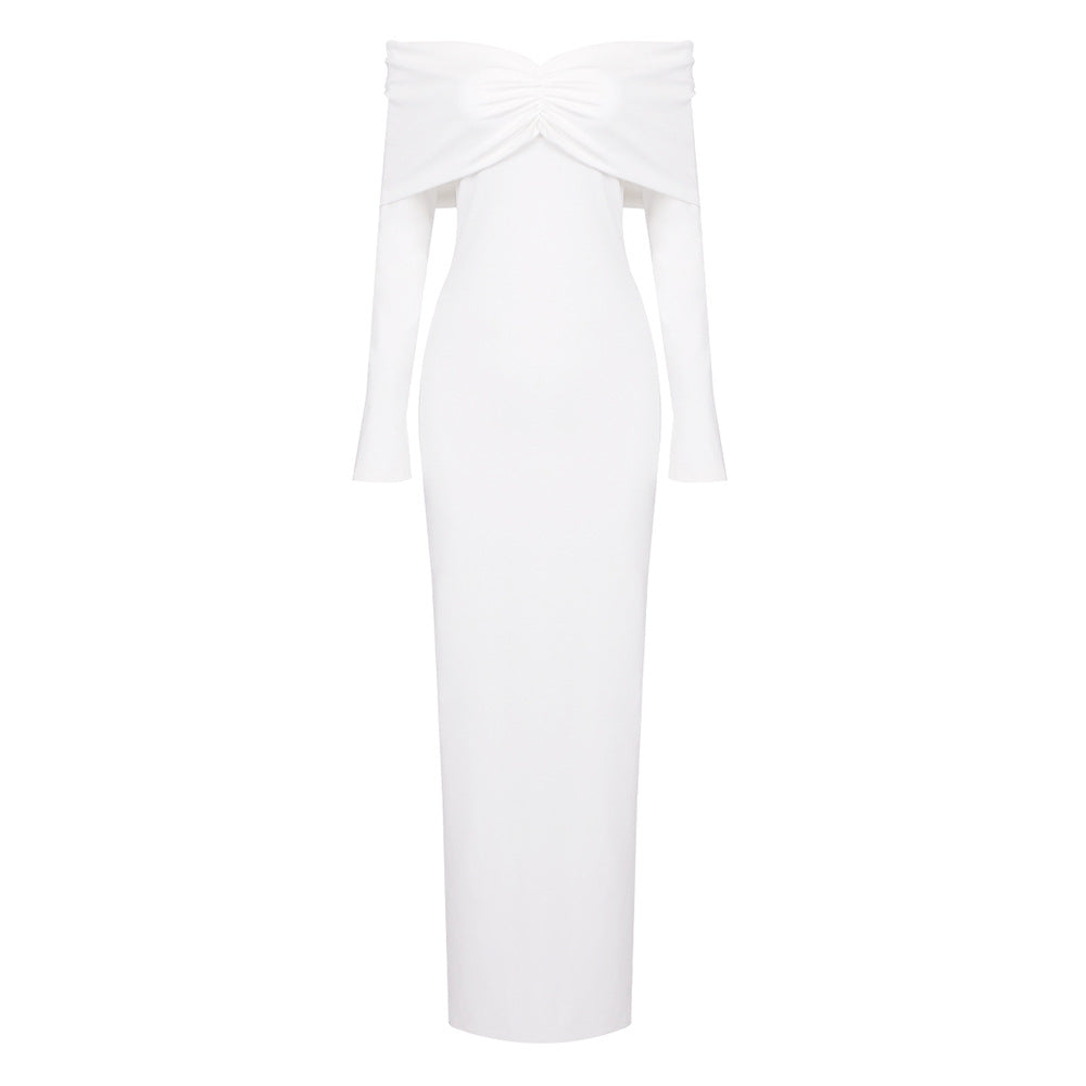 Dame elegant maxikjole med skulderfri design og lang erme Skjora