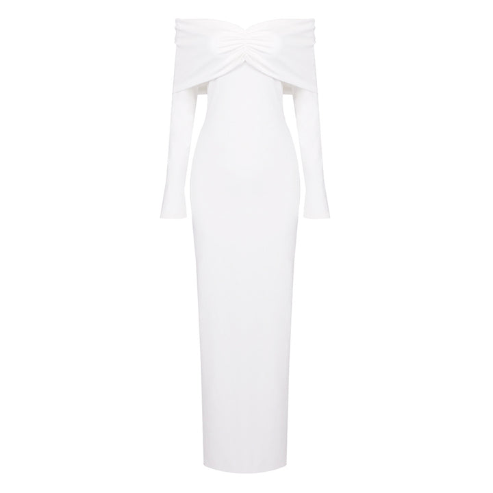 Dame elegant maxikjole med skulderfri design og lang erme Skjora