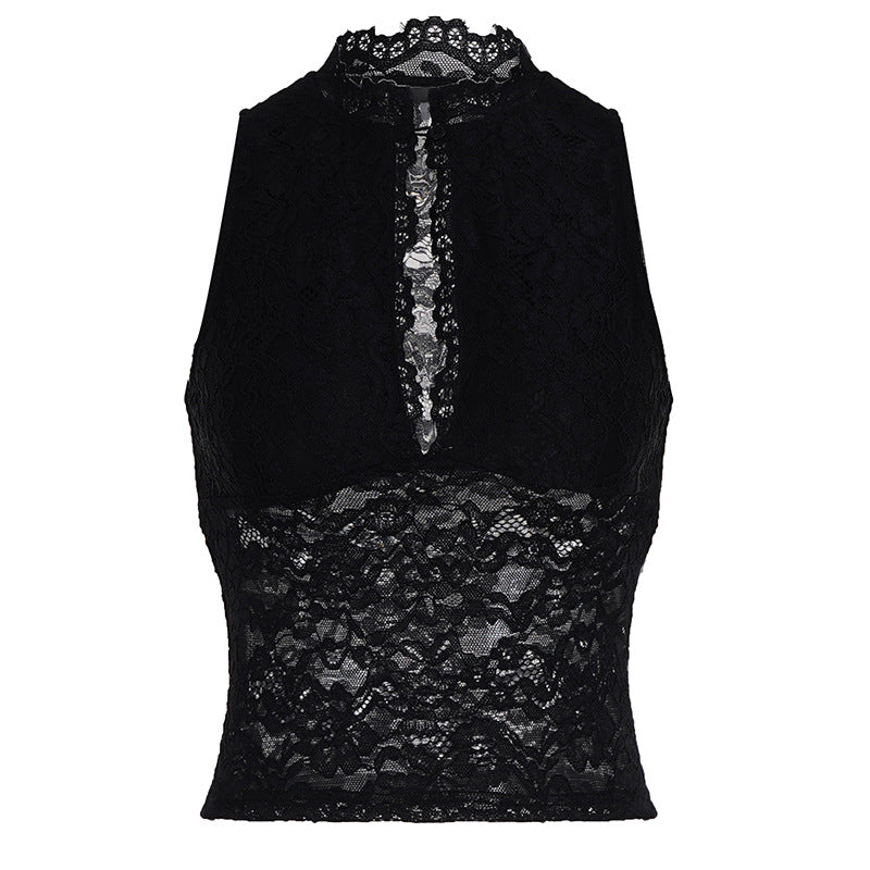 Dame spiss-crop-top med elegant stående krage og transparente innsatser Skjora