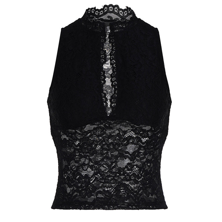 Dame spiss-crop-top med elegant stående krage og transparente innsatser Skjora