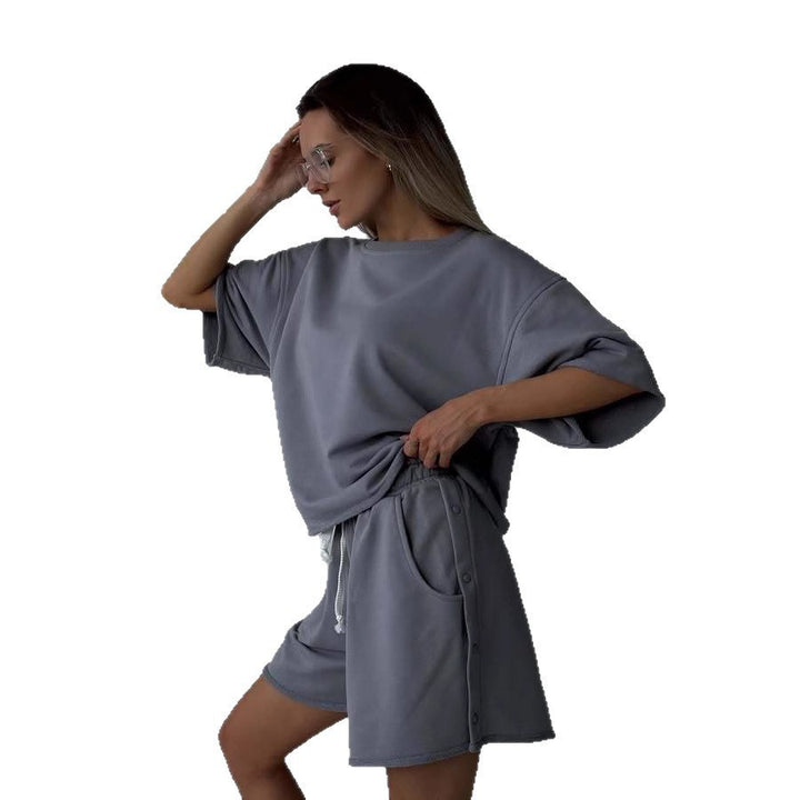 Kvinners uformelle topp og shorts sett med moderne snitt og praktiske lommer