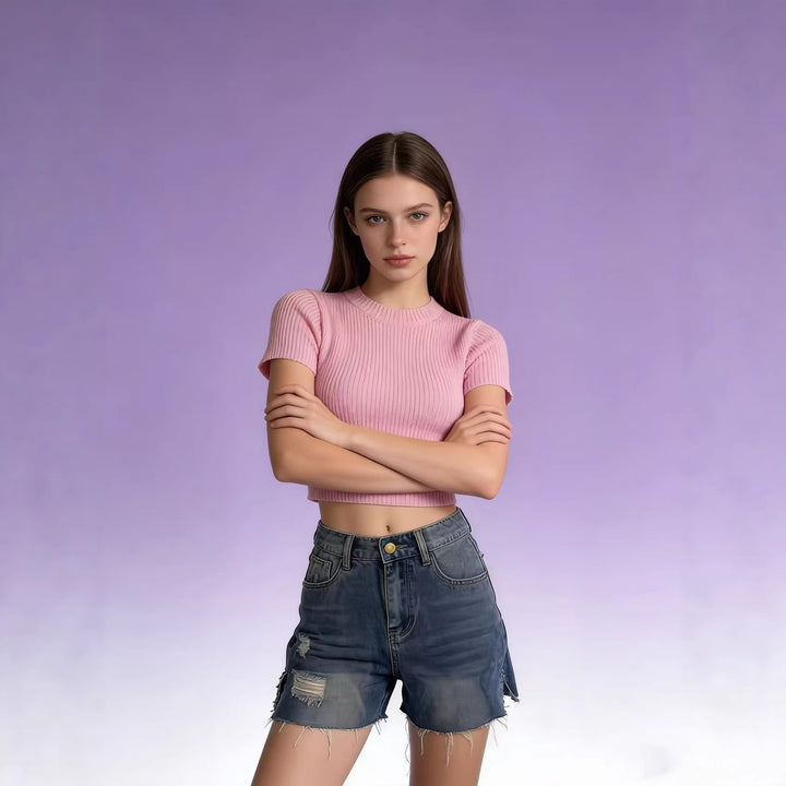 Damer casual jeansshorts med frynset avslutning og sidelapp Skjora