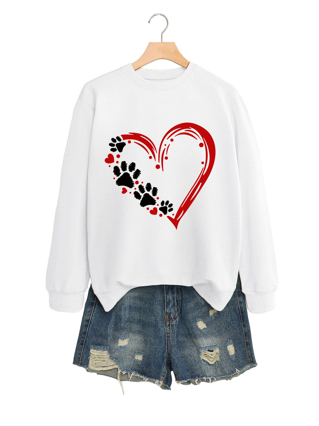 Dame sweatshirts med kreativt hjerte- og pote-design Skjora