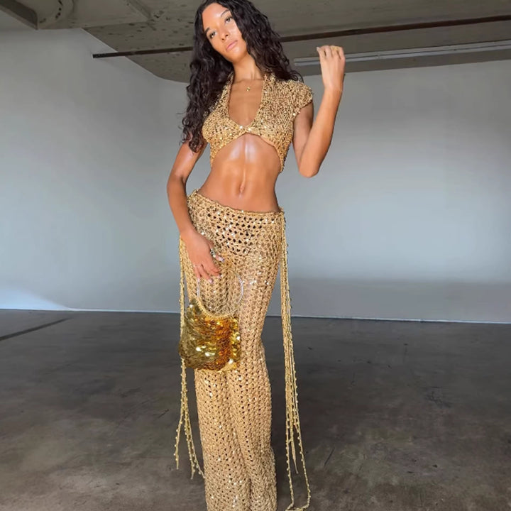 Kvinnelig ankel-length glitter overfit sett med glitrende detaljer og flytende design