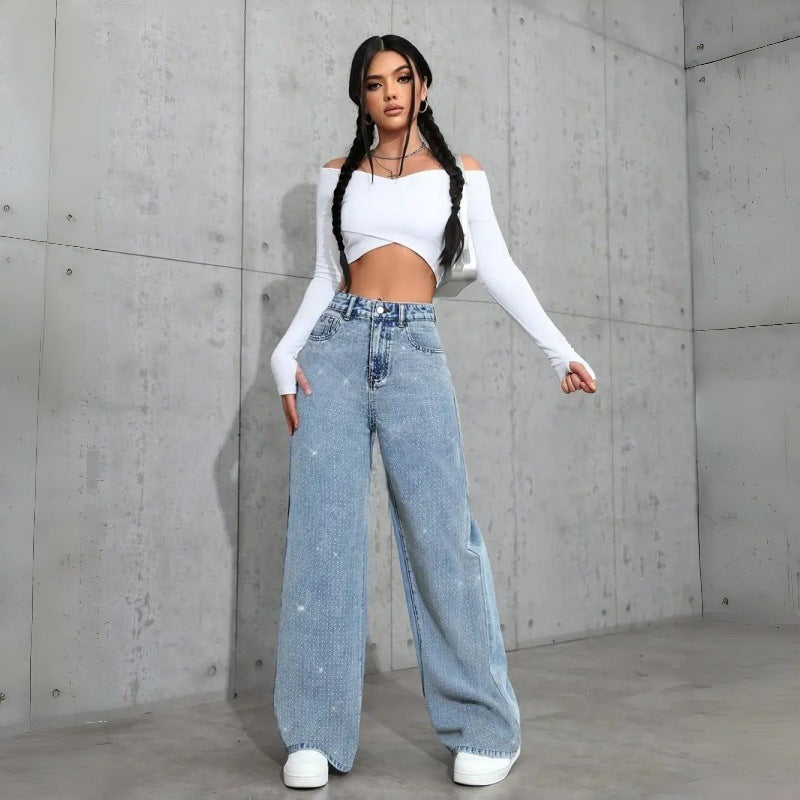 Dame Elegant High-Waist Jeans i vid passform med glitrende detalj Skjora