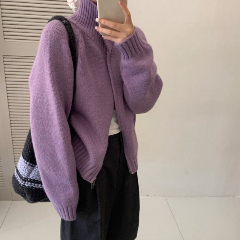 Dame cardigan med høy krage og praktisk glidelås Skjora