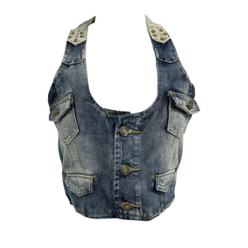Dame Crop-Top i denim med dekorative knappdetaljer og dyp V-hals Skjora