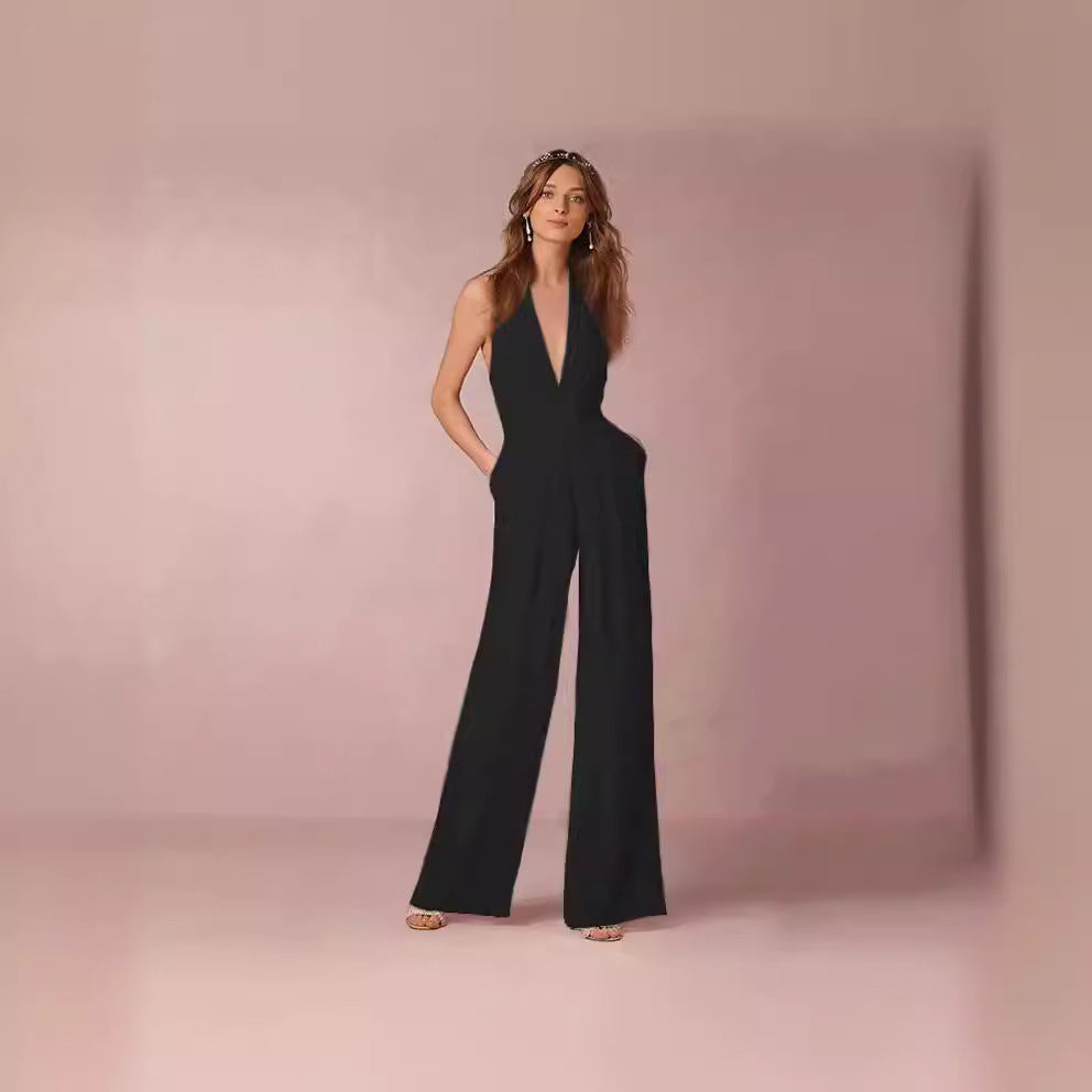 Dame Elegant Jumpsuit med Dyp V-Hals og Bred Bein Skjora