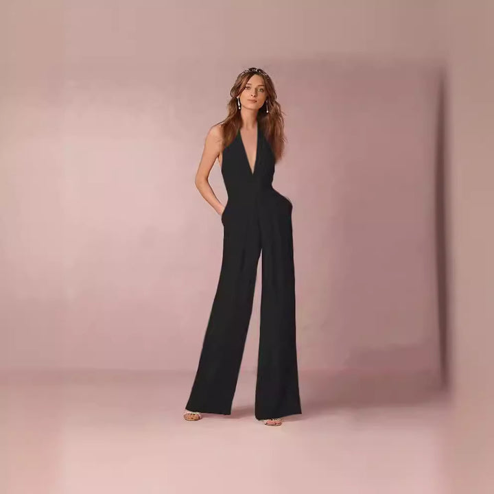 Dame Elegant Jumpsuit med Dyp V-Hals og Bred Bein Skjora