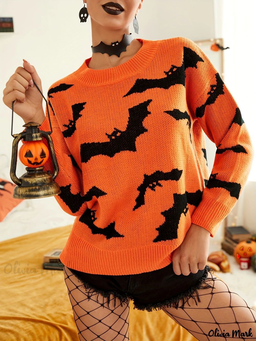 Dame Halloween genser med morsomt flaggermusmønster Skjora