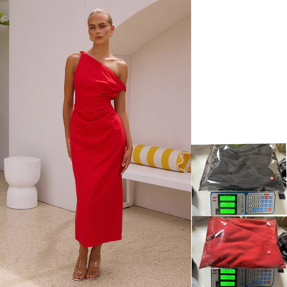 Damer Elegant Langermet Kjole med Asymmetrisk Design og Raffinert Drapering