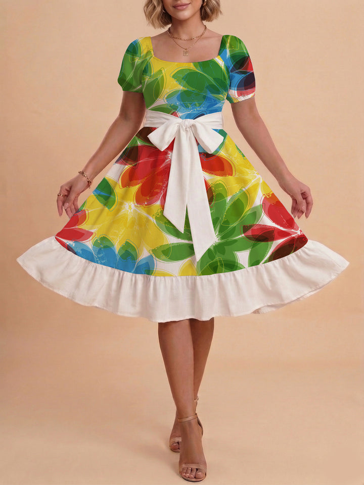 Damen Sommerkleid mit floralem Puffärmel und taillierbarem Gürtel Skjora