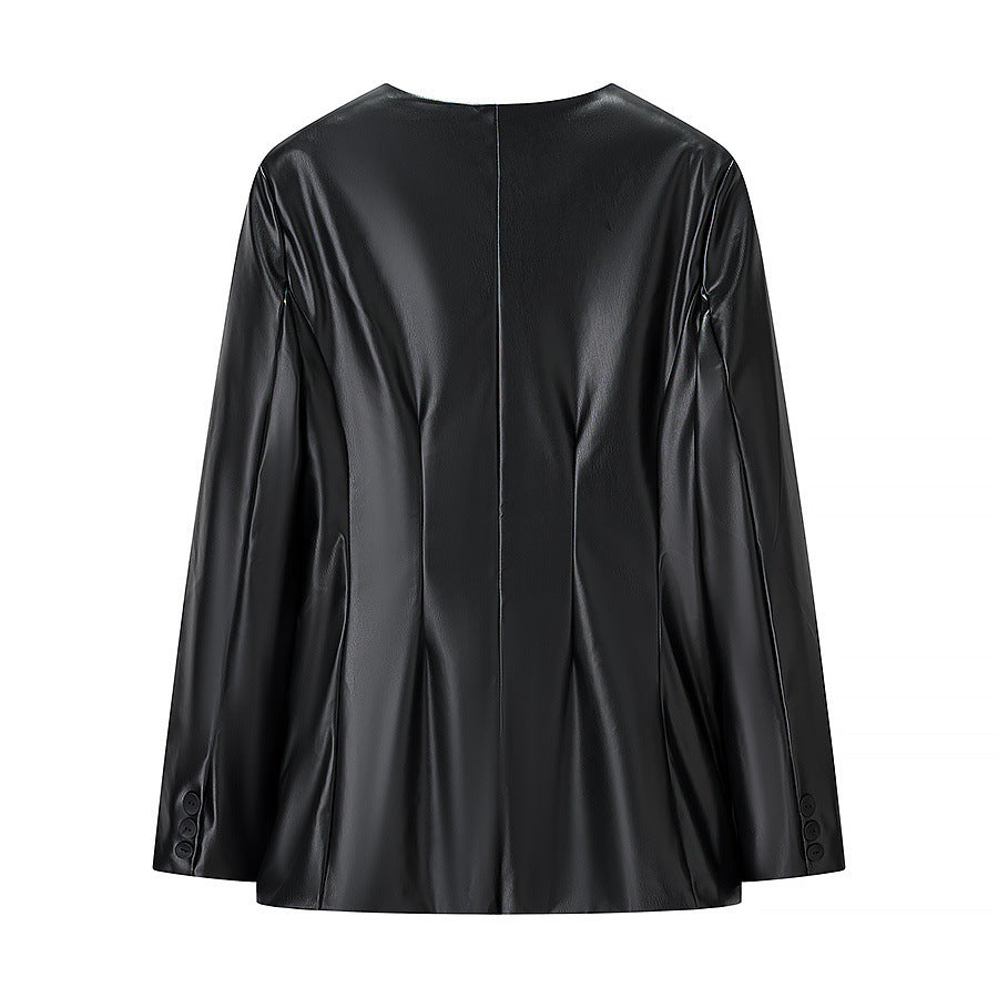 Dame Elegant Fusk Skinn Blazer Jakke med Moderne Snitt og Lommer Skjora