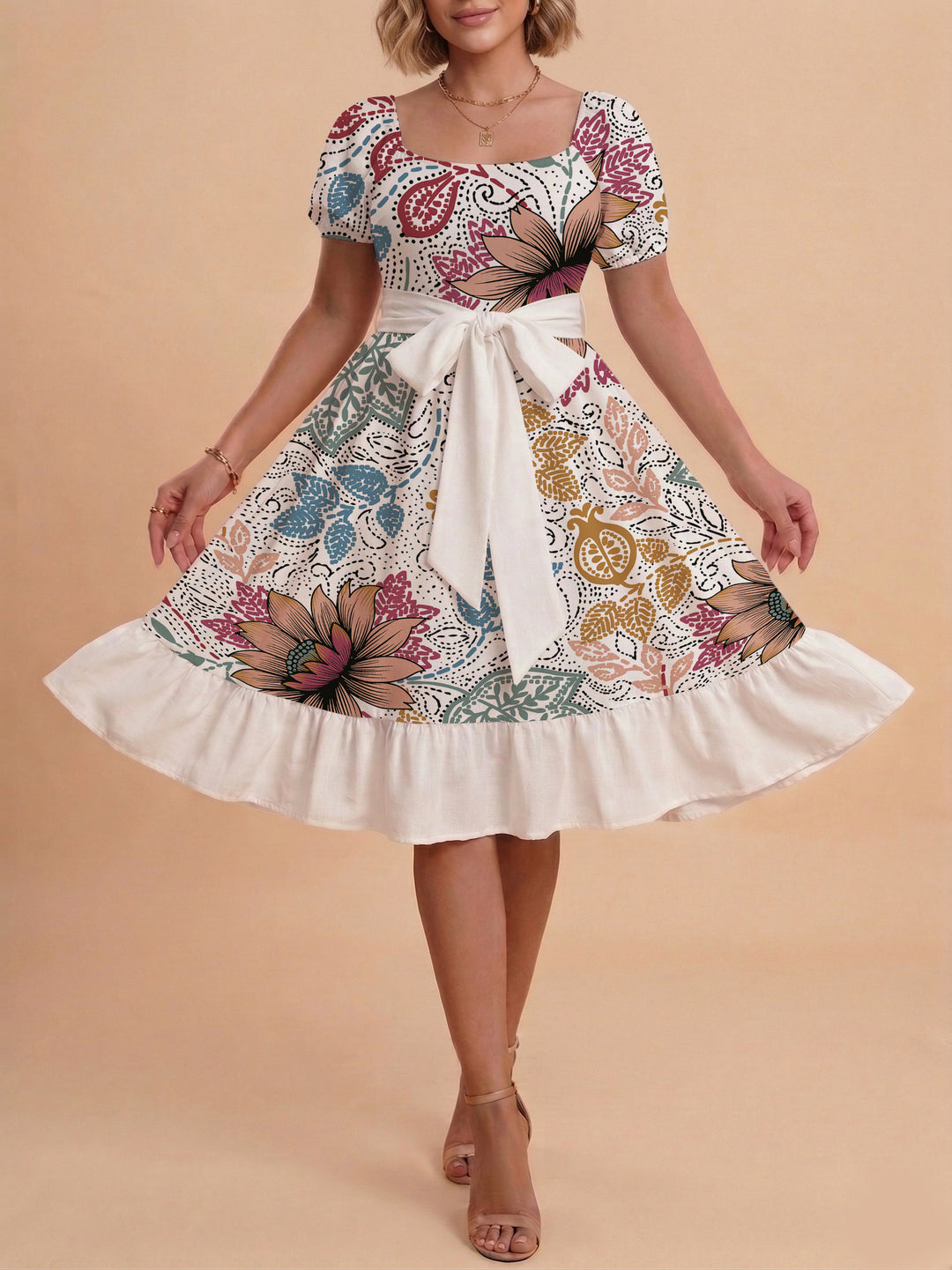 Damen modernes Blumenkleid mit elegantem Taillengürtel und asymmetrischem Saum Skjora