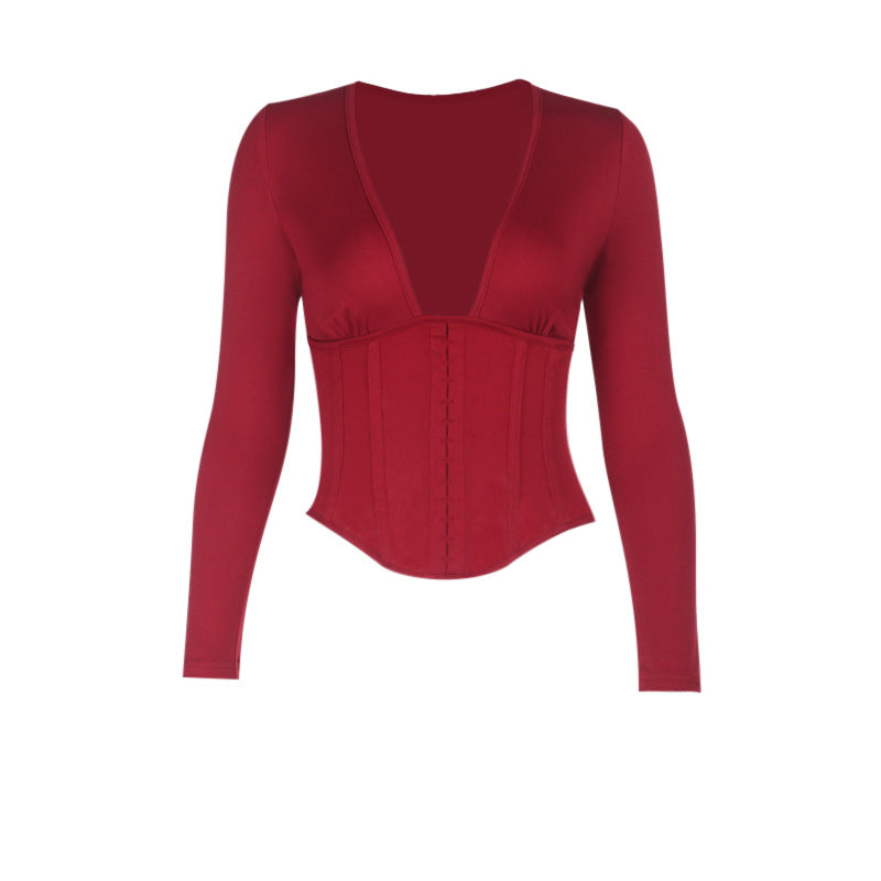 Dame bodysuit med dyp V-hals og ribbet design Skjora