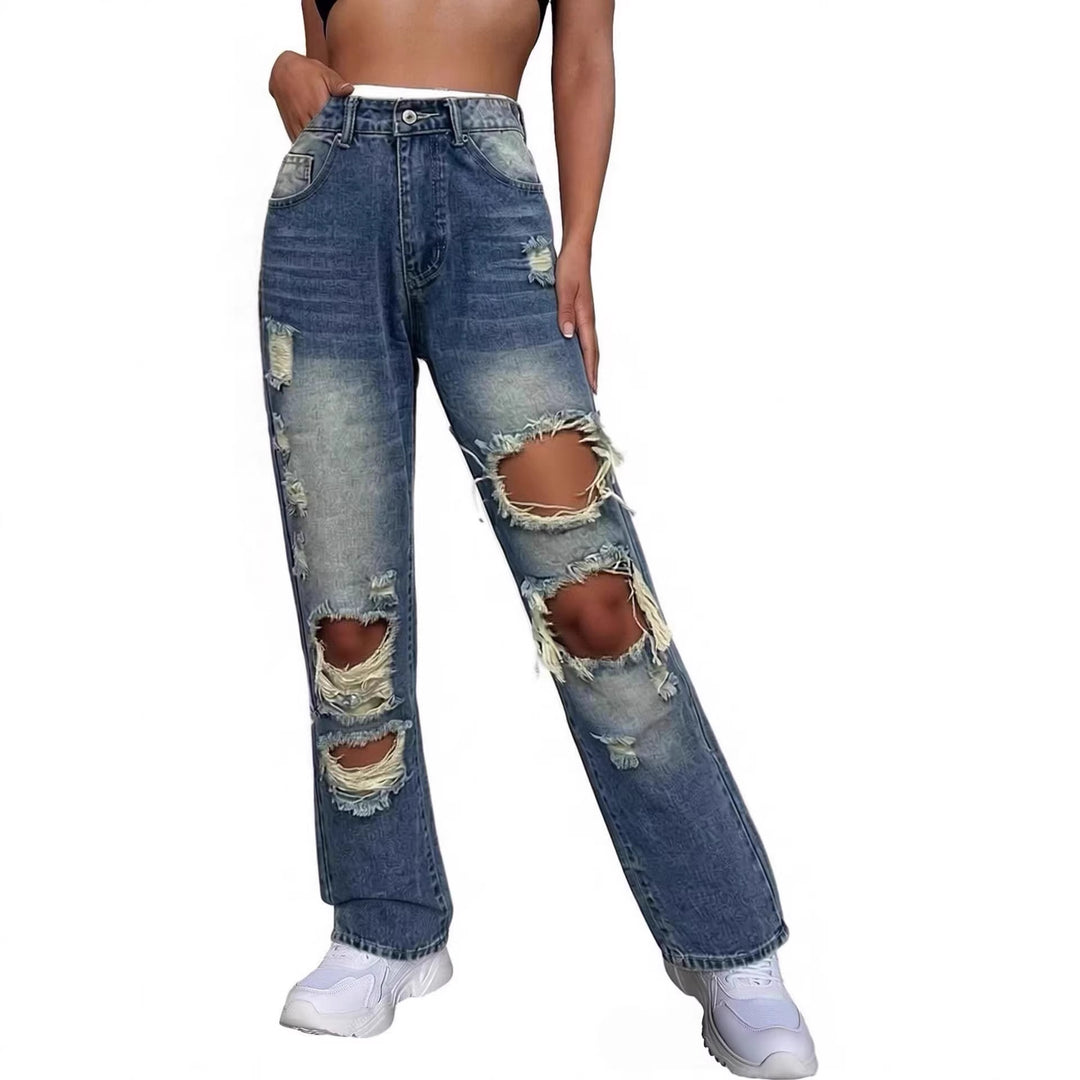 Dame casual Destroyed Jeans med bred ben og trendy revnedetaljer Skjora