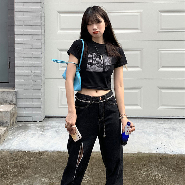 Damer Cropped T-skjorte med kreativ grafisk design Skjora