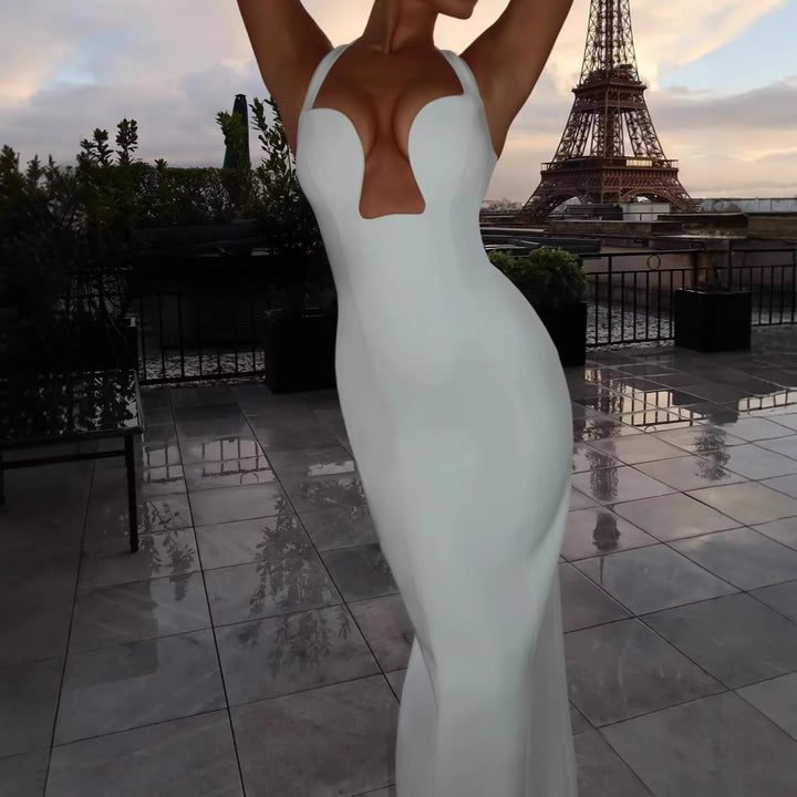Women's Maxi Dress with Deep Neckline and Pockets Skjora