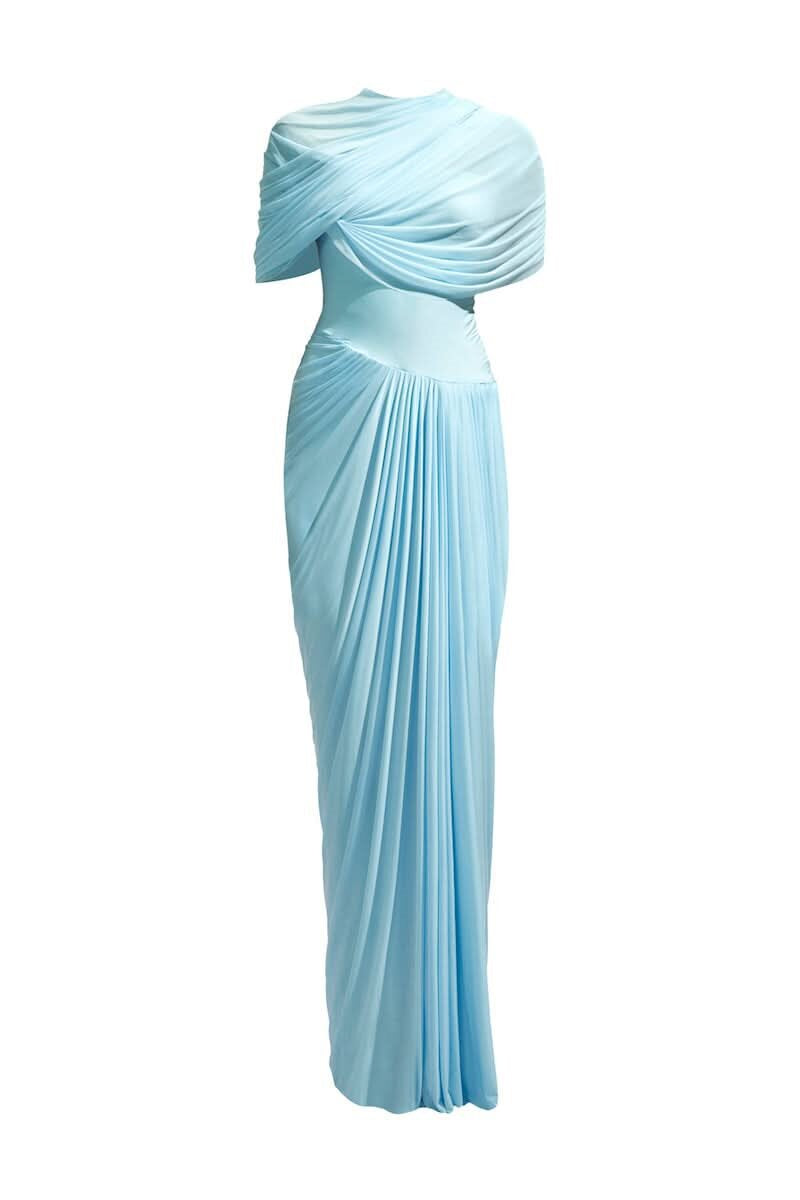 Dame Maxikjole med elegant drapering og asymmetrisk cut-out Skjora