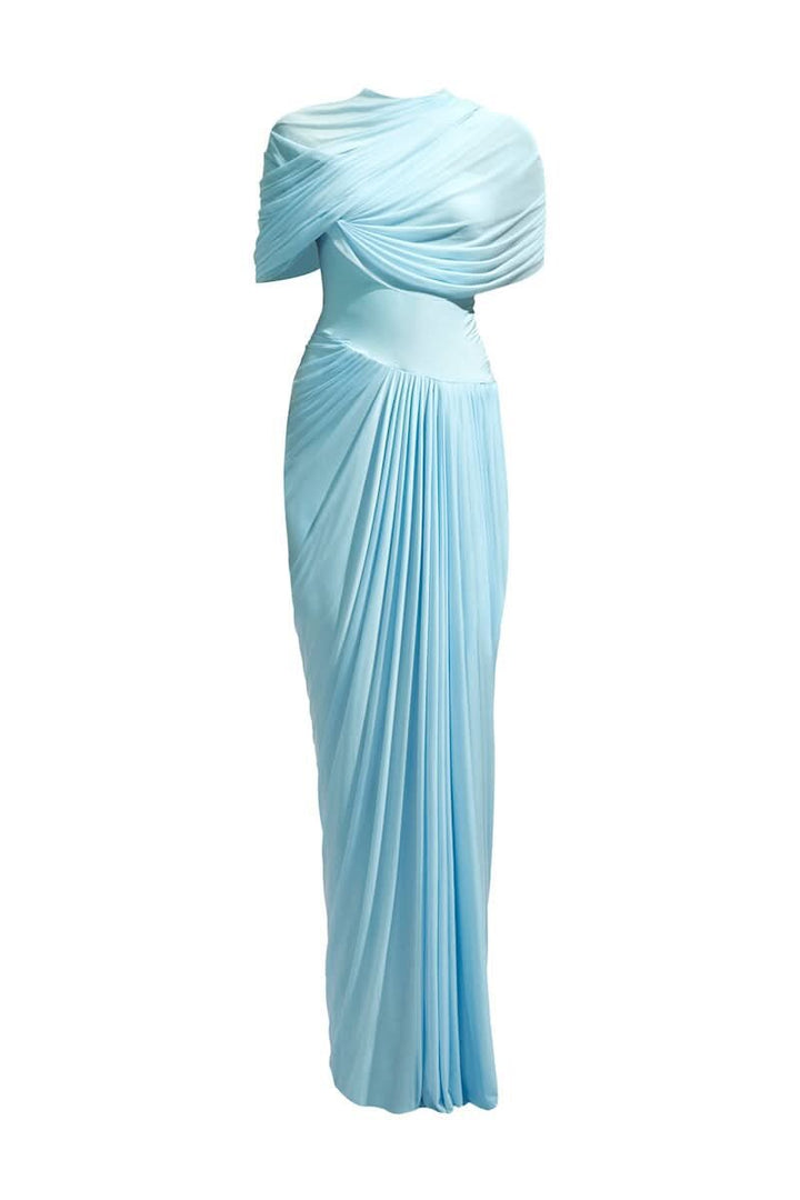 Dame Maxikjole med elegant drapering og asymmetrisk cut-out Skjora