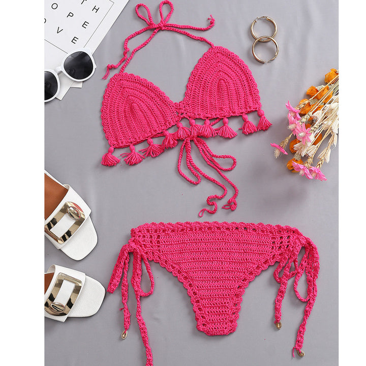 Damen Häkel-Bikini-Set mit fransigen Akzenten und verstellbaren Trägern Skjora