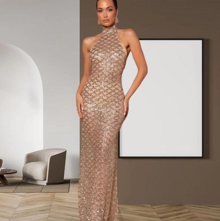 Kvinnenes elegante kveldsdrakt i bodycon-stil med glitrende paljetter