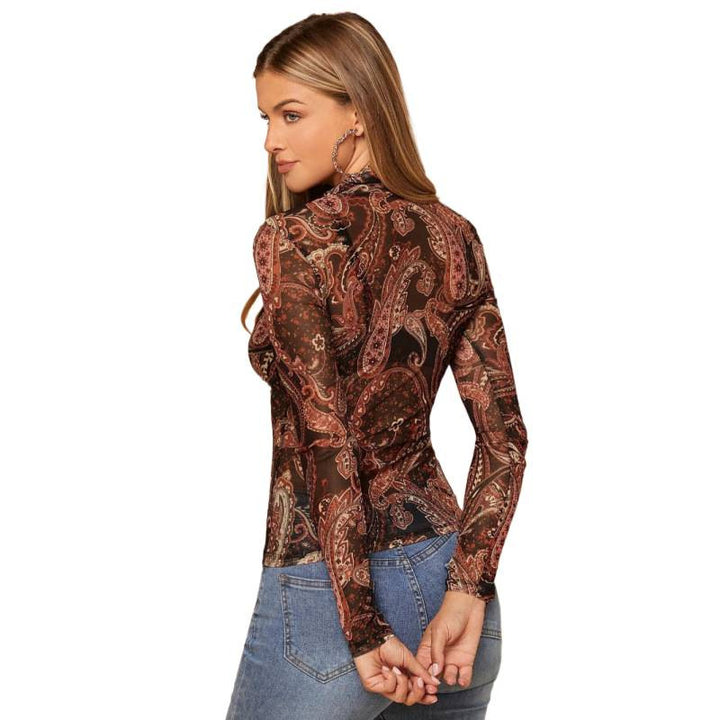 Dame Langarm-body med paisley-mønster og gjennomsiktig stoff Skjora
