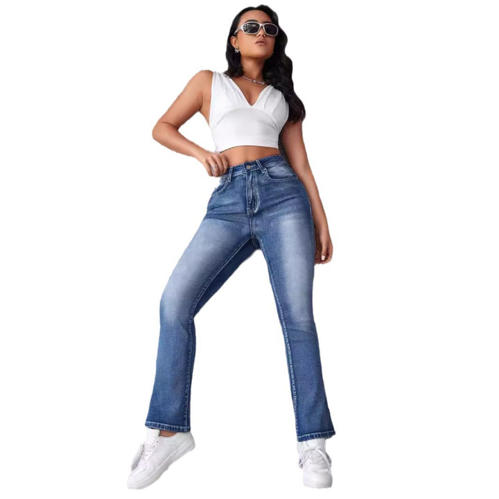 Kvinne Høyt Liv Stretch Jeans med Klippet Søm Skjora