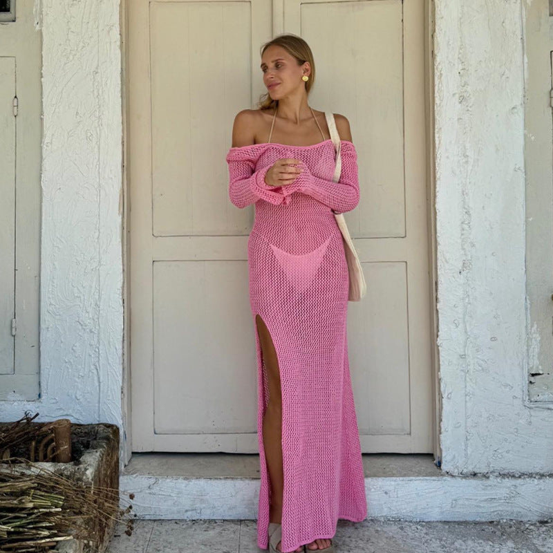 Damen Häkel-Maxikleid mit offener Schulterpartie und seitlichem Schlitz Skjora