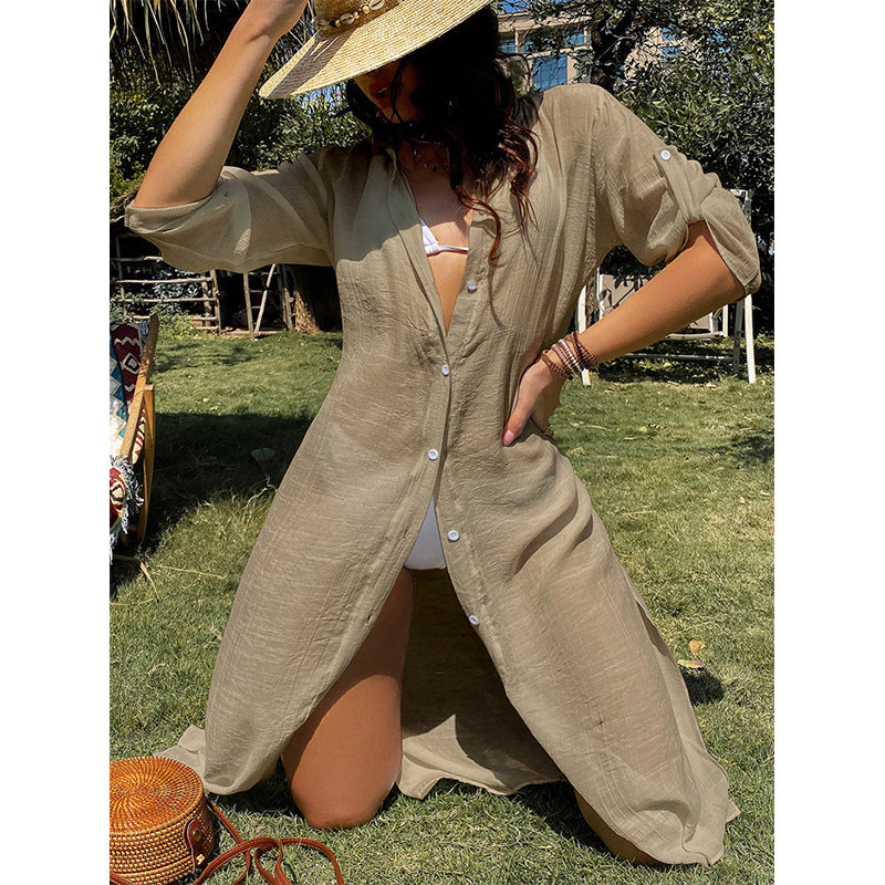 Damen lässiges Sommerkleid mit durchgehender Knopfleiste und seitlichen Taschen Skjora