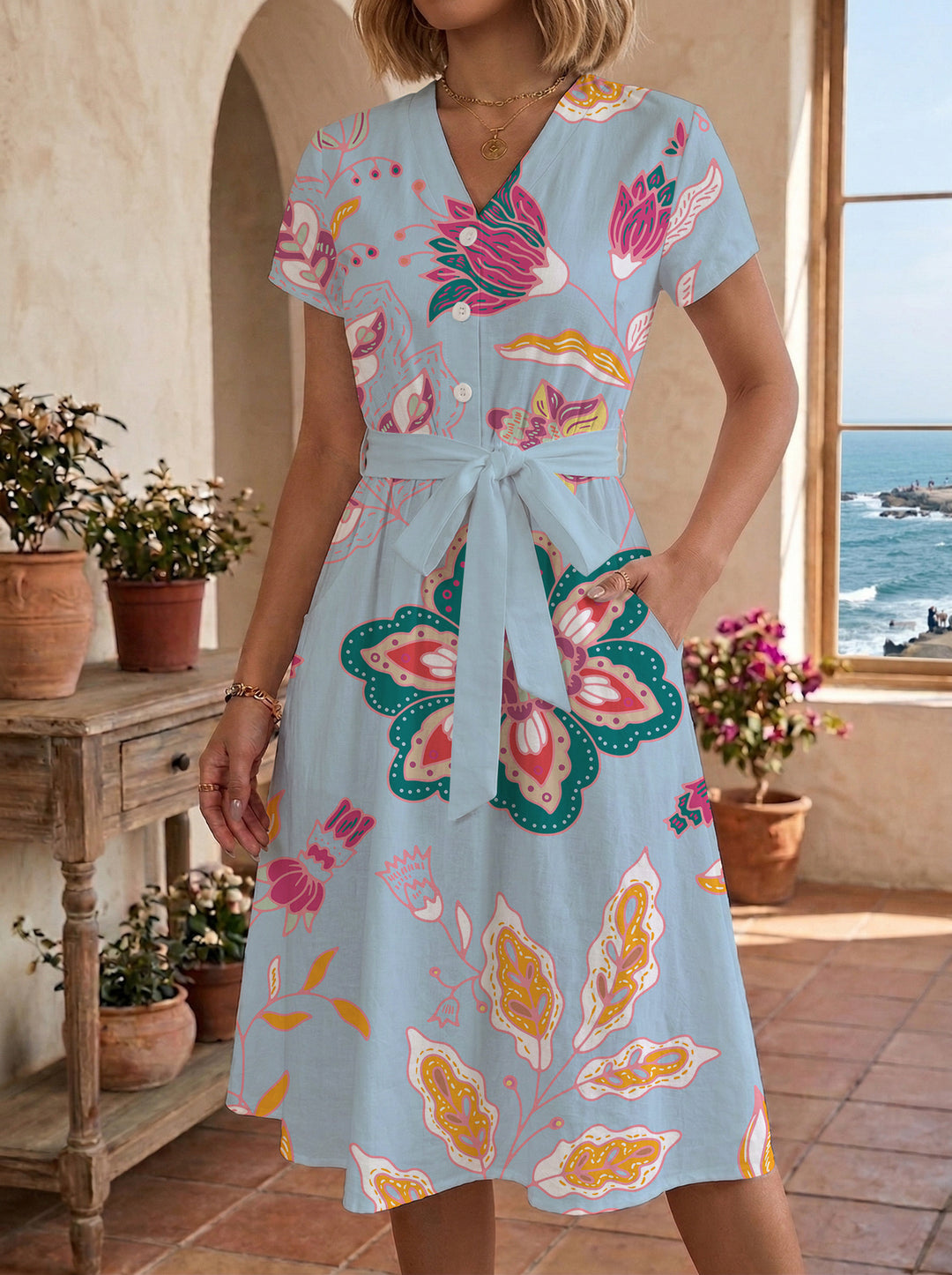 Damen Midikleid mit floralem Motiv und Taillengürtel Skjora