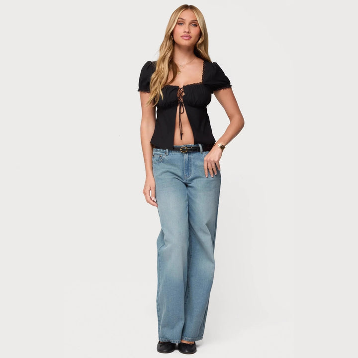Damen Crop-Oberteil mit Spitzenbesatz und Schnürdetail Skjora