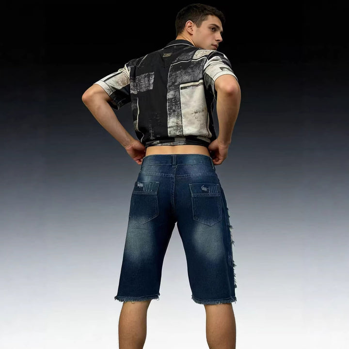 Herre casual destroyed jeansshorts med frynsete avslutninger og vid ben Skjora