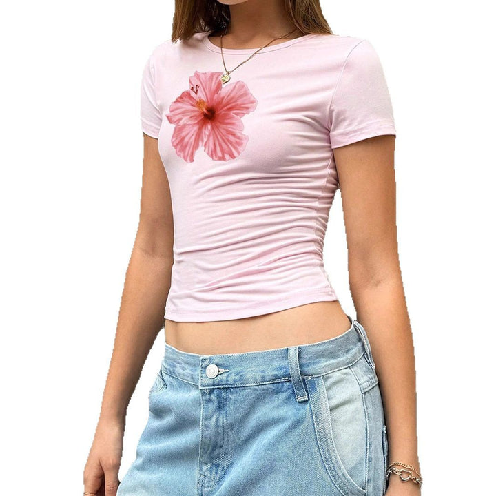 Damer Figurtilpasset Kortermet skjorte med livlig hibiscus-motiv Skjora