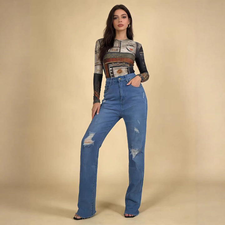 Dame avslappet skinny jeans i moderne destroyed-look Skjora