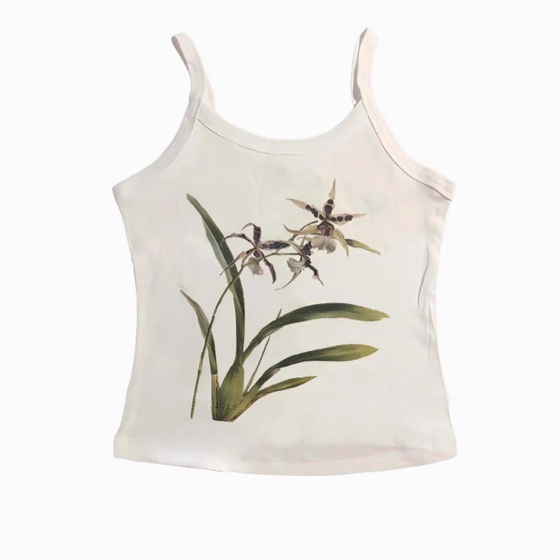 Women's Floral Pattern Crop Top with Thin Straps Skjora