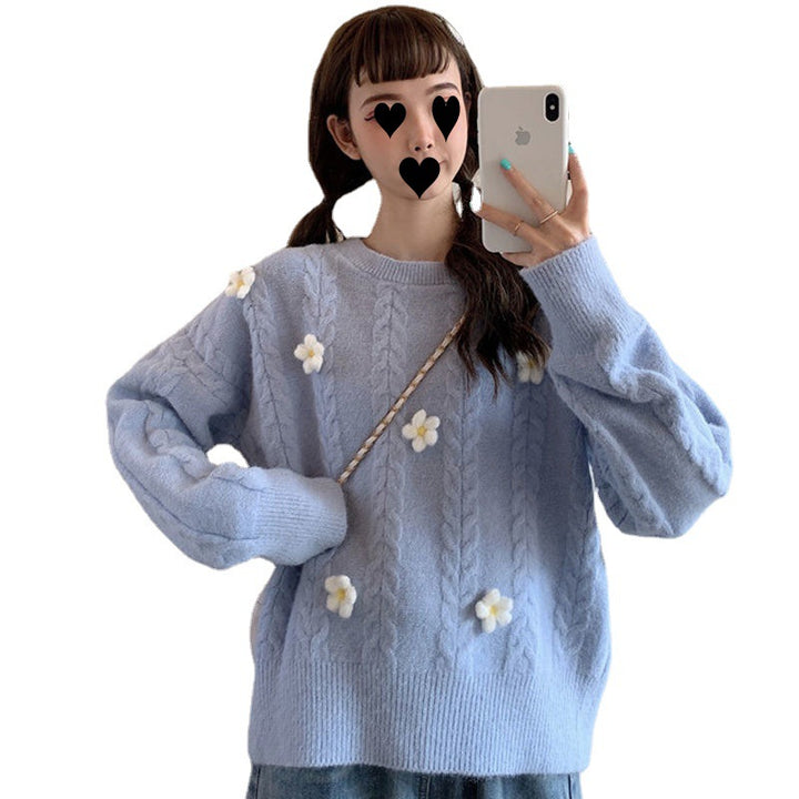 Damer Fashionable Chunky Knit Genser med Blomsterapplikasjoner Skjora