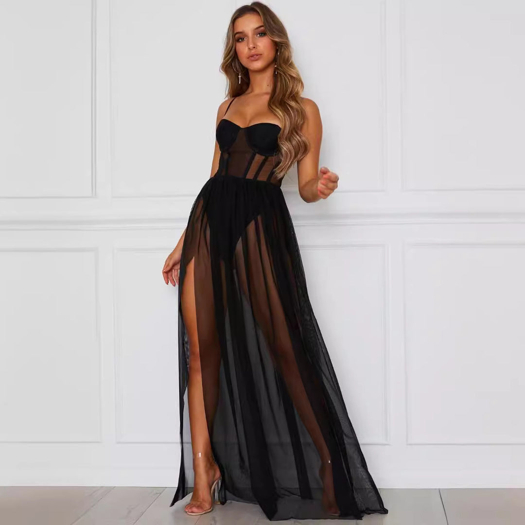 Damen aufregendes Spitzen-Negligé mit verführerischem tiefem V-Ausschnitt und transparenter Silhouette Skjora