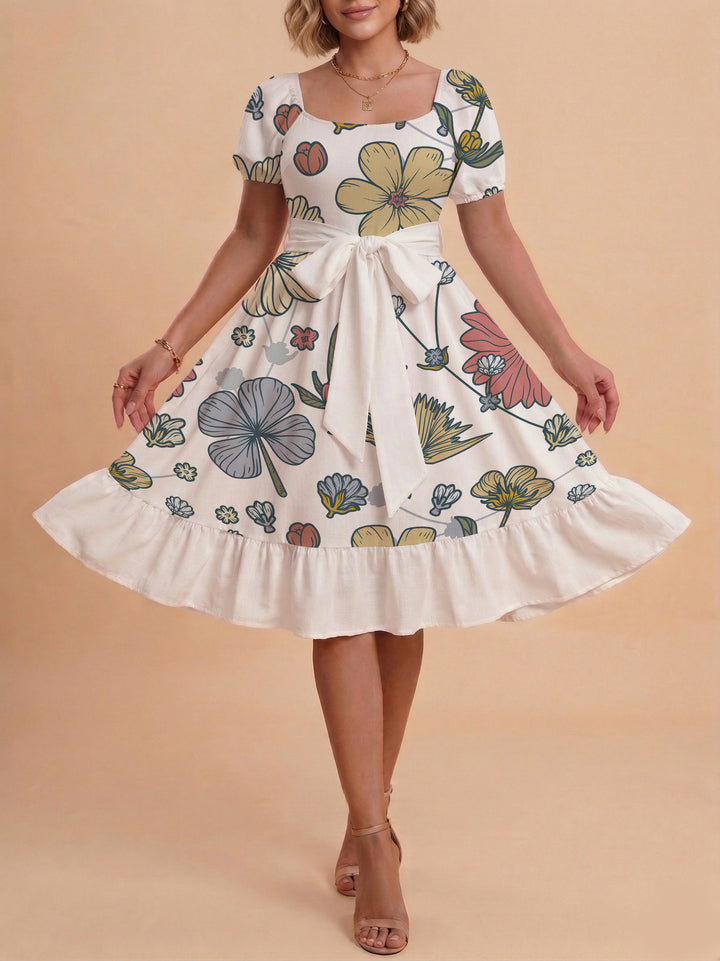 Dame Midi kjole med elegant blomstertrykk og belte i midjen Skjora