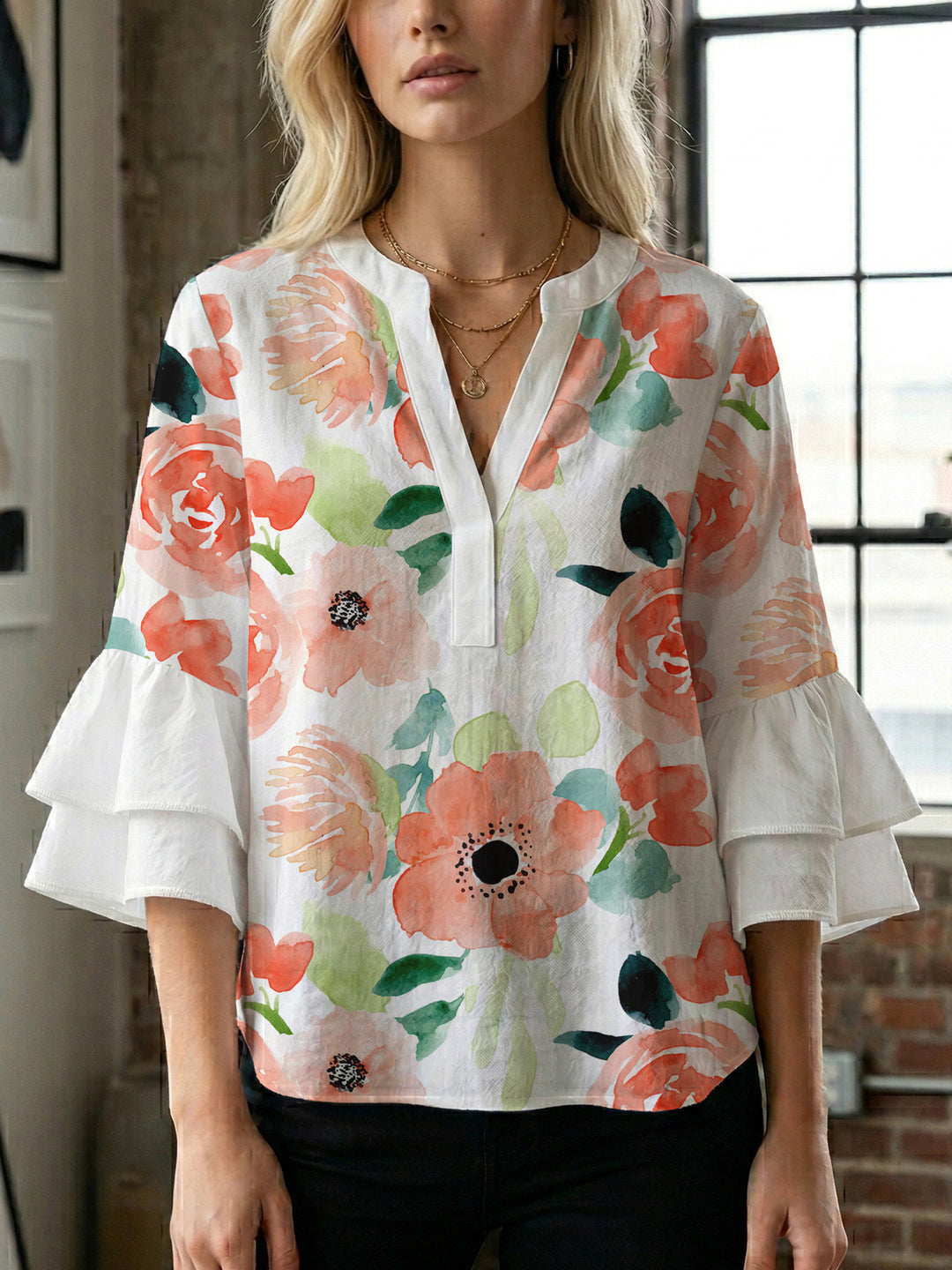 Damer Elegant topp med voluminøse rynkete ermer og blomstertrykk Skjora