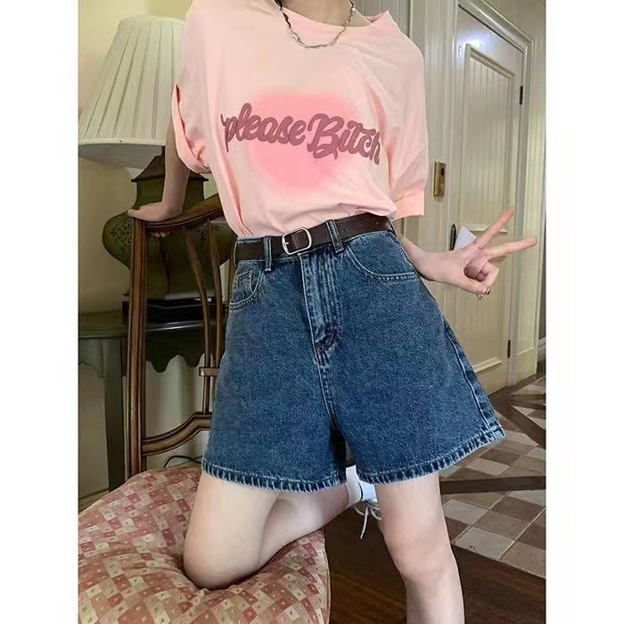 Kvinne denim shorts med høye lommer og løs passform