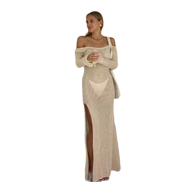 Damen Häkel-Maxikleid mit offener Schulterpartie und seitlichem Schlitz Skjora