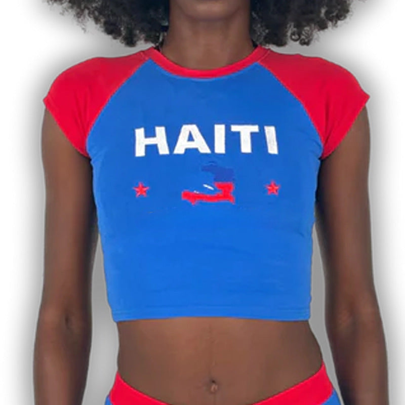 Dame cropped T-skjorte med iøynefallende Haiti-motiv Skjora