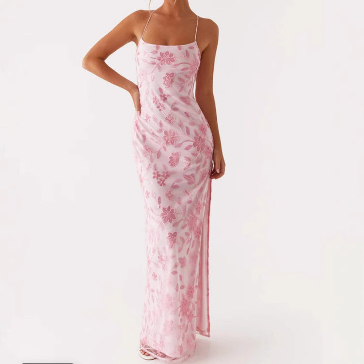 Damer Couture Maxi Kjole med Blomster Smock Design og Forførende Bak Skjora