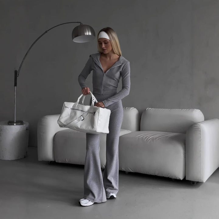 Kvinnes fashionable zip hettegenser og sporty leggings sett Skjora