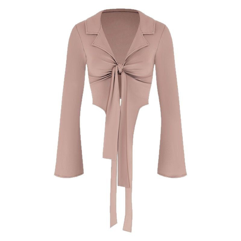 Dame moteriktig cropped bluse med knute Skjora