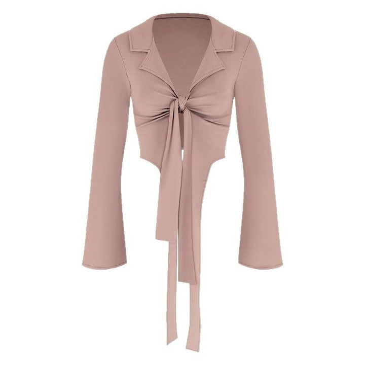 Dame moteriktig cropped bluse med knute Skjora