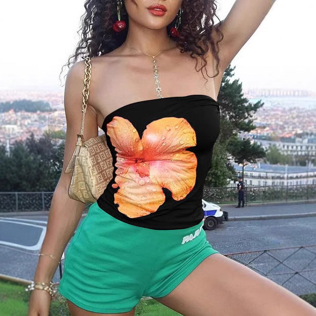 Dame bandeau-top med stilfull blomstertrykk og elastisk linning Skjora