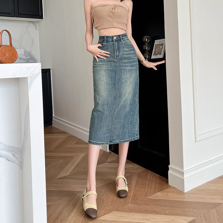 Damer Lang Denim Skjørt med Front Slitu Skjora