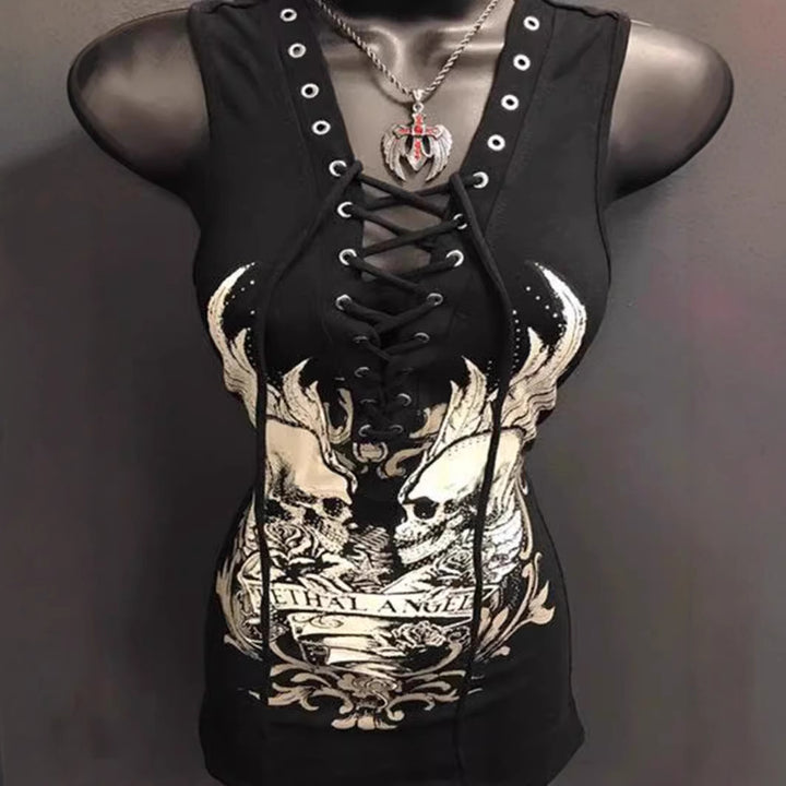Dame Rockabilly Kjole med snøring og grafisk print Skjora